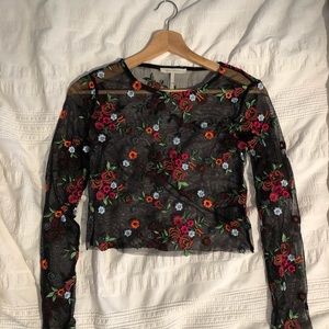 Floral Long Sleeve Mesh Crop Top -URBAN OUTFITTERS